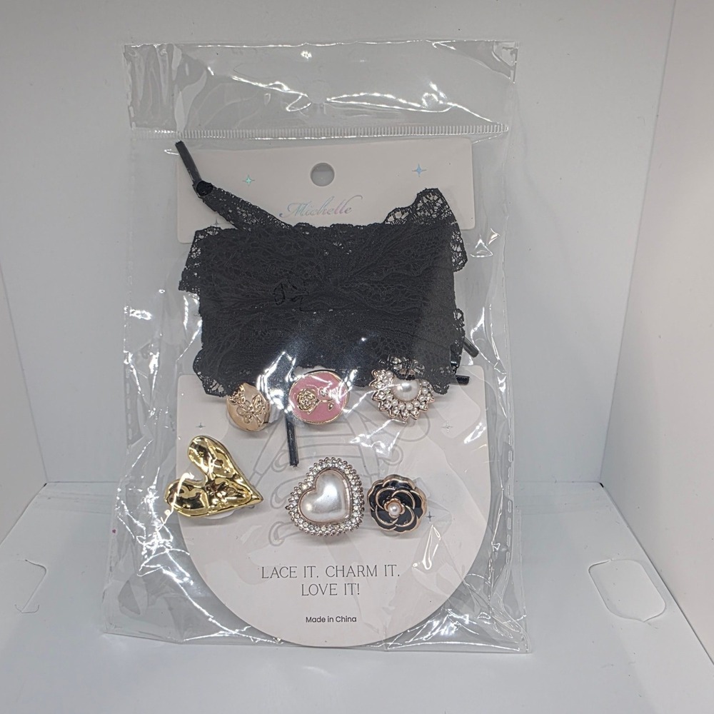 Michelle Black Lace Shoelaces 6 Charm Set Coquette Sneaker Boot Accessory